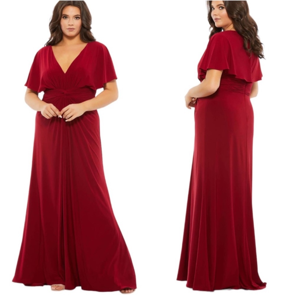 Mac Duggal 67916 Size 14W Deep Rich Red Soft Jersey Full Length Gown‎ Maxi Dress